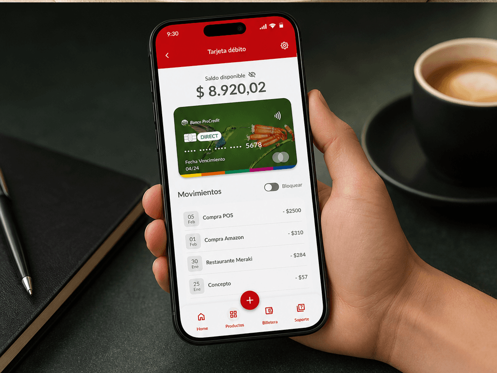 Hand holding a phone showing the redesigned ProCredit app's debit card and transaction list