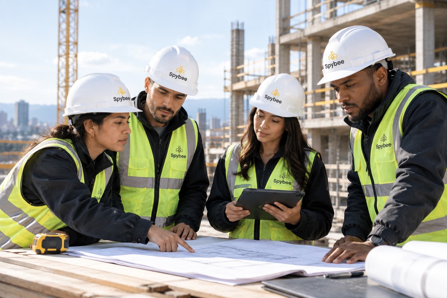 Four Spybee team members in branded hard hats reviewing a construction plan together on site