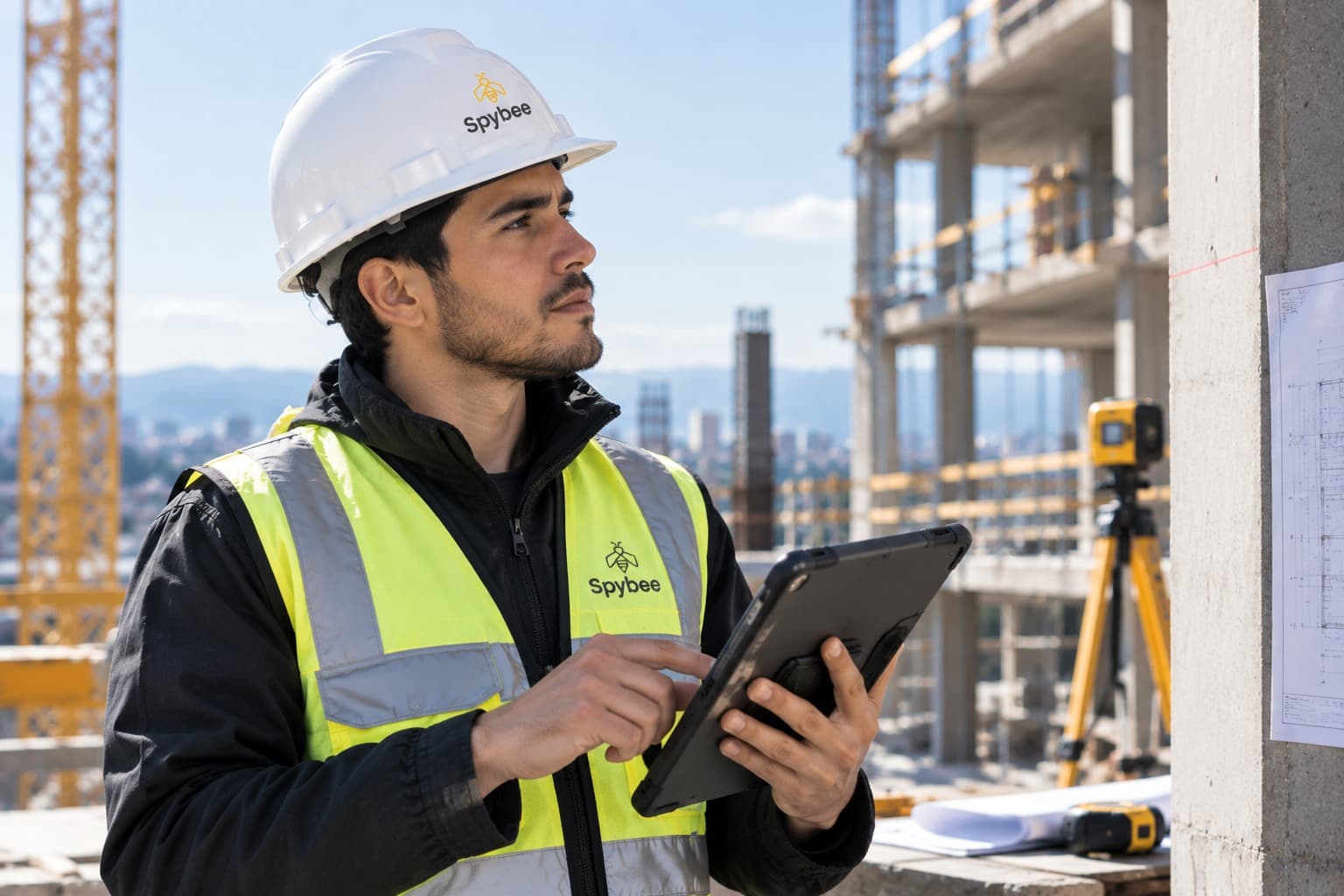 Spybee team member in a branded hard hat and vest reviewing a tablet on an active construction site